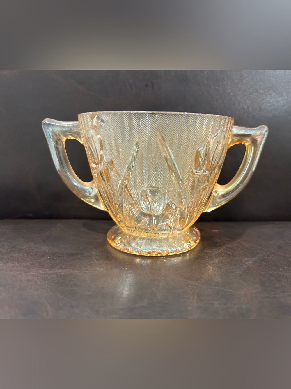 Vintage Jeannette Glass Iris & Herringbone Marigold Iridescent Open Sugar Bowl